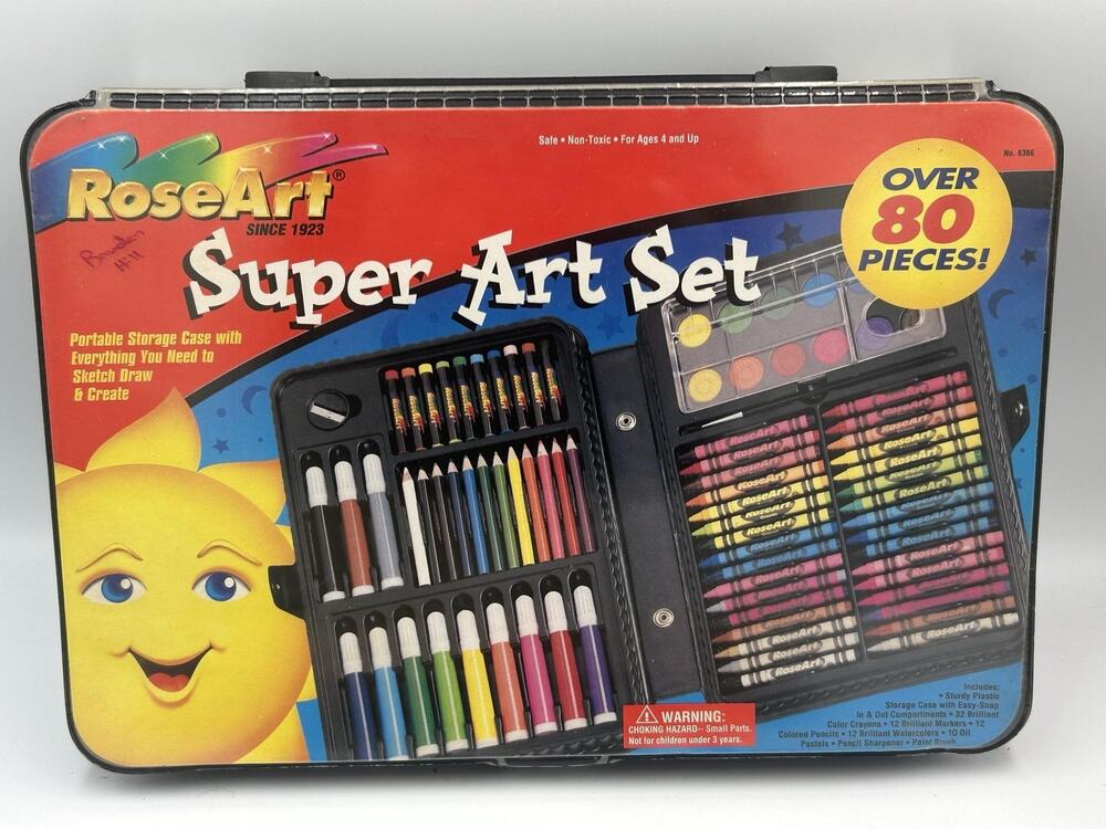 Vintage RoseArt Super Art Set 80 Pc Crayons Markers Pencils Case 1999 Complete